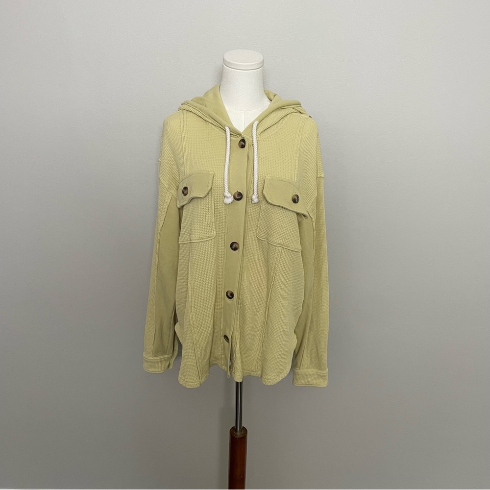 American Eagle Shacket Waffle Thermal Hoodie Jacket Mid Weight Pockets Yellow